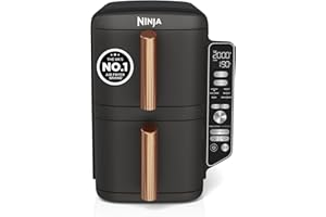 Ninja Double Stack XL Air Fryer, Vertical Dual Drawer Air Fryer with 4 cooking levels, 2 Drawers & 2 Racks, Space Saving Design, 9.5L Capacity, 6 Functions, 8 Portions, Tongs, Black/Copper SL400UKCP