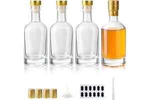 YBCPACK Lot de 4 bouteilles de liqueur en verre de 200 ml avec bouchons en T, capsules thermorétractables, bouteilles de vin vides pour alcool, huile, vodka transparentes pour cadeaux de fête