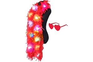 JIANGLAI Colorful Feather Boas, 6.6ft Boa with 20 Color LED Lights for Women for Dancing Wedding Party Halloween,with Heart Sunglasses (Red)