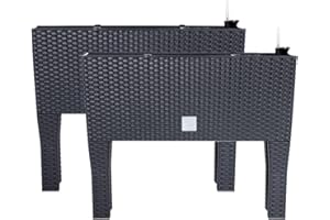 PAFEN 2 x doniczka na kwiaty z nóżkami – 595 x 240 x 460 mm, donica na rośliny, wygląd rattanu, wskaźnik poziomu wody, skrzynka balkonowa, skrzynka na rośliny, antracytowa
