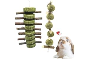 Barley Ears Juguete Masticable para los Molares para Conejito, 2 Piezas Juguete de Dientes de Molienda Bolas de Heno de Timothy y Palitos de Madera de Manzano para Hámster Chinchilla Cobayas