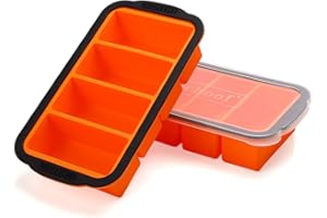 AICHOOF 1-Cup Extra Large Freezing Tray for soup,broth,sauce or butter,Ice Cube Trays with lid, Silicone Freezer Container Molds Soup Trays -makes four great portions 1cup Cube-2 pack(Orange)