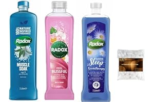 Bubble Bath Soak Radox Natural Ingredients Muscle Soak, Feel Blissful and Sleep Aromatherapy Foam 1 Litre Bottle x3 (3000ml Total) Bundle with x10 Disposable Shower Cap from Heem Supplies, Mix Colour