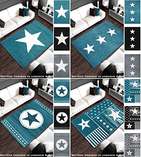 Wohnzimmer Teppich Blau Weiss mit Sternen | Teppiche m. ÖKO-TEX geeignet fürs Kinderzimmer oder Babyzimmer | Flache Kurzflor Läufer für Teenager Jugendzimmer mit Stern-Motiv, Größe:160×230 cm - 7