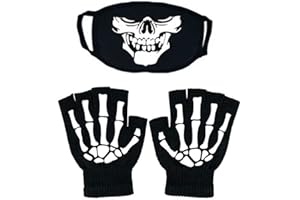 BOMJJOR Guanti da scheletro senza dita e maschera teschio per bambini si illuminano al buio unisex guanti a maglia Halloween nero