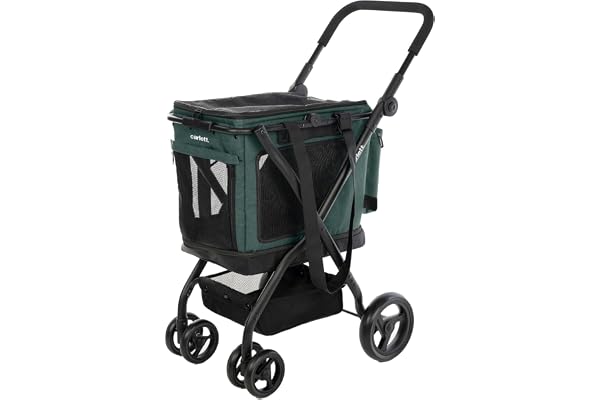 Carlett Chariot pour Animaux 3 en 1, Roues Pivotantes 360°, Résistant à l’Eau, Transporteur Compatible Siège Auto, Housse de Pluie et Sangle de Sécurité, Cube P, Verte