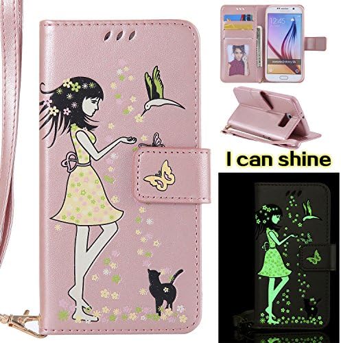 Samsung Galaxy S6 Case [with Free Screen Protector],Kwapo® Embossed Girl and Cat Pattern Design Premium Flip Magnetic Detachable PU Leather Wallet [with 9 Credit Card Holder Slots] Smart Standing Folio Book Style Ultra Thin Nice Drawing Patterns Protective Case Cover Skin for Samsung Galaxy S6 - Rose