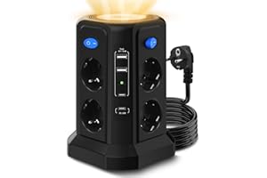 RUMICET Veilleuse Multiprise avec 4 Interrupteurs, 12 en 1 Tour Multiprise 3m avec PD 20W Charge Rapide, (4000W 16A) Rallonge Multiprise avec 8 Prises et 2A＋2C, Parafoudre et Surtension, Maison/Bureau