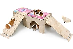 ALBEFER Guinea Pig Castle, Wooden Guinea Pig Hideout Play House with Caves & Stairs & Warm Beds, Detachable Small Animal House Hut Habitats Xmas Gift for Hamsters Chinchillas Bunny Hiding Playing Sleeping