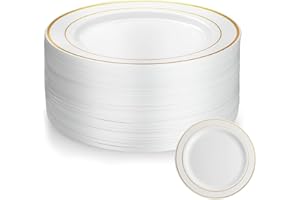 AKOLAFE 50 Sztuk Białych Plastikowych Talerzy Wielokrotnego Użytku, 20 cm, Ze Złotą Krawędzią, Stabilne, Z Twardego Tworzywa Sztucznego