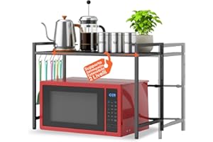 Avilia - Ripiano Estensibile da Cucina, Scaffale a 2 Livelli Regolabile con Ganci Porta Utensili, Ideale come Ripiano per Microonde, Forno e Alzatina Cucina Salvaspazio