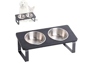 PETLINUS Comedero Gato Elevado e Inclinado 15º Doble - Comedero Elevado Gato o Perros pequeños, Comedero Perro Elevado con Base de Madera y Dos Cuencos de Acero INOX, Capacidad: 2x320ml. (Negro-INOX)