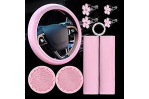 Cachpib 10 Pieces Pink Steering Wheel Cover for Women, Cute Car Accessories Set With Seat Belt Shoulder Pads Cup Holders