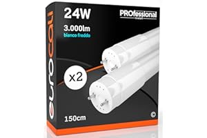 Eurocali 2x Tubos LED 150cm G13 T8 24W Profesional Alta Eficiencia 5 Años de Garantía 3000 Lúmenes - Luz Blanca Fría 6500K - Haz de Luz de 160° - Reemplazo de Neón