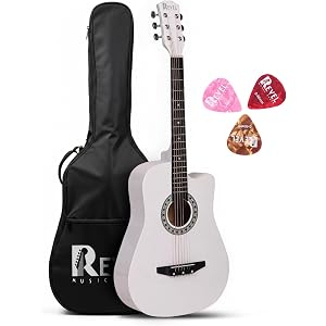 Revel 38 Inch Acoustic Guitar Cutaway Wooden Guitar with High-Gloss Finish, Steel Strings, Smooth Tuning Pegs, Includes Carry Bag & Picks | Acoustic Guitar for Beginners and Adults. (White)