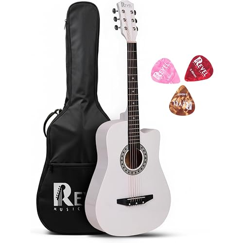 Revel 38 Inch Acoustic Guitar Cutaway Wooden Guitar with High-Gloss Finish, Steel Strings, Smooth Tuning Pegs, Includes Carry Bag & Picks | Acoustic Guitar for Beginners and Adults. (White)