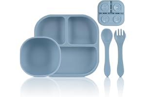 MOJINL Baby Geschirrset Silikon mit Saugnapf, Rutschfest Kindergeschirr Set Junge Mädchen, 4 Stück BPA Frei Baby Teller Sets mit Babylöffel und Baby Gabel Schüsseln Teller, Spülmaschinengeeignet