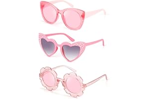 Hifot 3PCS Lunette de Soleil Enfant Filles, Lunettes de Soleil Filles Chat Lunette Fleur Lunettes Coeur Rose, Lunette Soleil Enfant Lunette Drole Lunette Rose, Lunette de Soleil Enfant 3 Ans à 8 Ans
