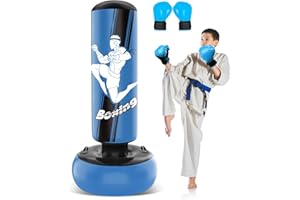 ‎JUOIFIP JUOIFIP Boxsack Stehend 165cm Aufblasbarer Boxsack Kinder mit Boxhandschuhen zum Üben von MMA Karate Taekwondo und zum Abbau von aufgestauter Energie