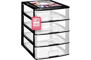 COM-FORT HOUSE Cajonera Plástico 4 Cajones Transparente Negro - Organizador de Escritorio, Mini Cajonera para Papeles y Material de Oficina, Organizador de Documentos 355 x 265 x 350 mm
