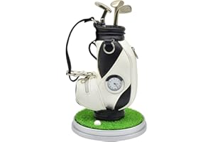 AMRTA Golf Bag Pen Holder With Clock for Desk - Mini Golf Caddy Cart Holder and 3 Pens Gift Set for Men Women, Desktop Aluminum Alloy Golf Souvenir for Dad Friends Golfer
