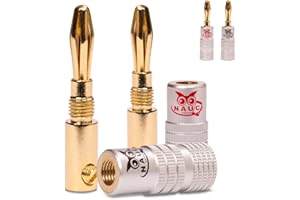 NAUC Bananenstecker für Lautsprecherkabel - 4 Stück Stecker als Set - Steckverbinder 24K vergoldet schraubbar - für HiFi Receiver Verstärker