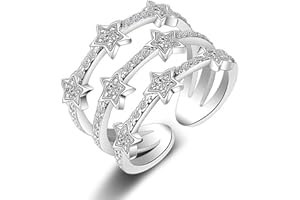Aukmla Anillo de estrella de cristal de plata ajustable, anillo de banda abierta, anillos de dedo de estrella para mujeres y niñas