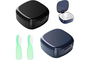 DTGECD 2 Denture Box Set, Retainer Cases with 2 Finger Toothbrushes, Portable False Teeth Container for Cleaning and Storage, Blue and Black Denture Pots with Lids, 7.8 * 7.8 * 3.8 cm