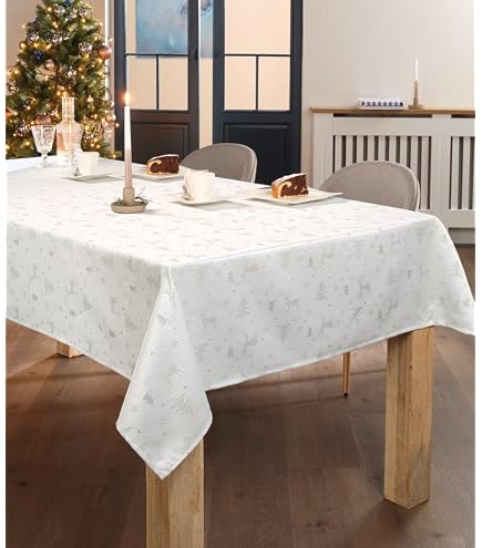 Weihnachtstischdecke 160x220 Cm Oval – Creme Mit Lurex-Sternen, Abwaschbar & Knitterfrei – Perfekt Für Advent, Weihnachtsdeko & Herbst-Tischdeko Weihnachtstischdecke Oval