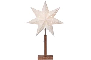 ‎EGLO EGLO Tischlampe mit Weihnachtsstern, Dekostern beleuchtet aus Papier mit Holz-Sockel, 3D Fenster-Leuchtstern stehend in weiß mit Kabel, E14