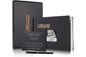 JIMBON Libro de Condolencias Para la Celebración de Duelo, Libro de Oro Funerario Encuadernado en Cuero Tallado, Libro de Condolencias Con Logotipo de Tarjeta de Mesa de Memoria y Bolígrafo, 10.3 "x 7.9"