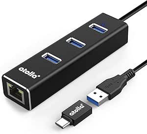 Atolla Hub USB 3.0 Ethernet, Répartiteur C pour adaptateur USB Rj45 en aluminium avec 1 port LAN RJ45, 3 ports de données USB et un adaptateur C USB pour Macbook, Mac Pro / mini, iMac, etc.