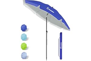 Grandekor Sonnenschirm Ø180cm winddichter Strandschirm Balkon Gartenschirm Marktschirm, Terrassenschirm mit Bodenhülse & Drehstange & Schutzhülle, Blau Rund Sonnenschutz UV50+