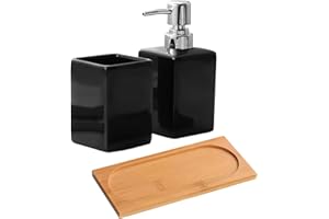GOLDMEET Badezimmer-Zubehör-Set, 3-teiliges Keramik-Badezimmer-Set, luxuriöses Badezimmerzubehör, inklusive 320 ml Flüssigseifenspender, Badezimmerbecher, Holztablett, Badzubehör-Set, Badezimmer-Dekor (schwarz