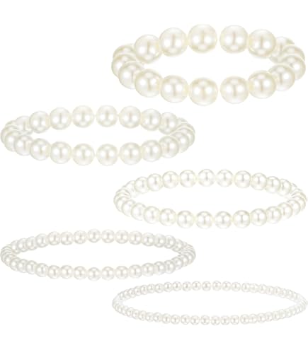 Set Di 5 Bracciali In Perle Finte Bianche Per Donna, Misure 4/6/8/10/12 Mm, Eleganti E Impilabili, Regalo