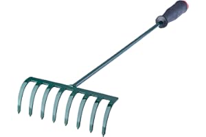 KADAX Rechen, kleine Harke mit Stiel, Laubbesen aus Metall, Laubrechen für Garten, Beet, Rasenrechen, Gartengerät, Gartenwerkzeug, Heurechen, Gartenrechen, grün (60cm, 8 Zinken)