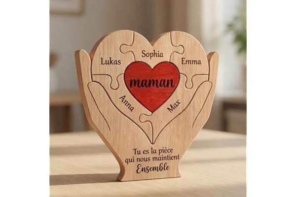 VEELU Puzzle Famille en Bois Personnalisé Prénom 2-10, Cadeau Fete des Mere Fete des Pere pour Maman Papa, Cadeau Personnalisé Famille Puzzle de Cœur Maman Papa Décoration de Table