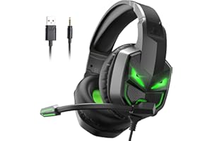 EKSA Fenrir Casque Gaming à Réduction de Bruit avec Micro pour Xbox One PC PS4 PS5 Switch avec Lumière LED, 3D Stéréo Surround Casque Audio pour Prise 3,5MM, Noir Vert