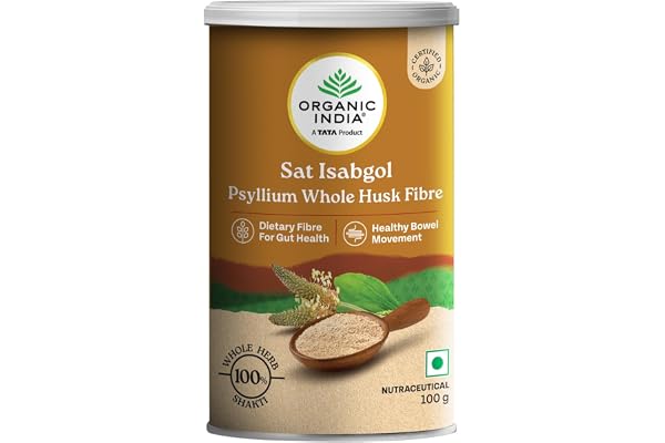 A TATA Product - Organic India Sat Isabgol Psyllium Whole Husk Powder - 100g, With Dietary Fiber, Supports Heart Health & Digestive System, Gluten Free, Non-GMO Project Verified, NPOP & USDA Certified