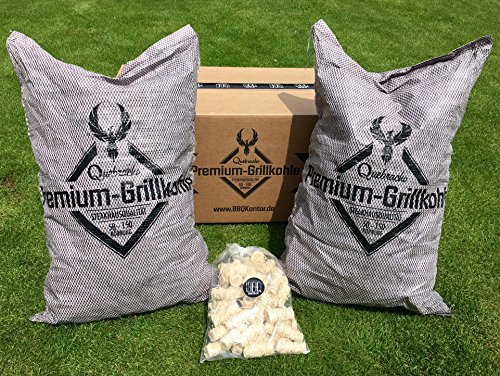 25kg BBQKontor Quebracho blanco Premium Grillkohle Holzkohle in Steakhausqualität + 20 Stück Anzünder
