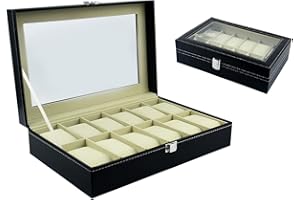 Coriver Uhrenbox für Herren, PU-Leder-Uhrenbox mit 12 Schlitzen und Uhrenbox Glasdeckel, Abnehmbares Uhrenkissen, Uhrenbox mit Glasdeckel zur Aufbewahrung und Präsentation, Geschenke für Männer Frauen