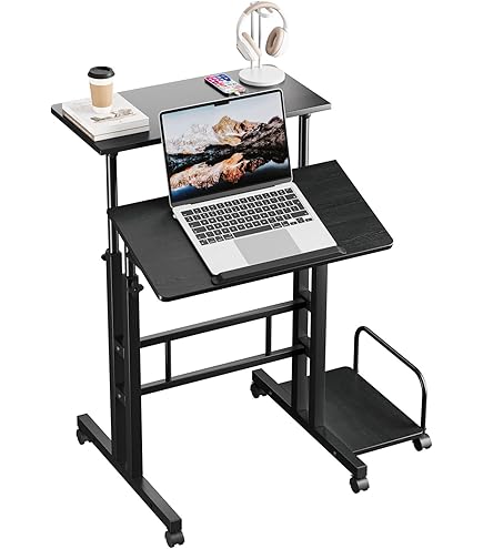 Scrivania Sit-Stand Regolabile | Tavolo Laptop Con Ruote | Legno Acero, Altezza 67-115cm