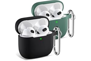 CeMiKa 2 Pacchi Custodia per AirPods 3 Cover - Case Protettiva Antiurto in Silicone Compatible avec Apple AirPods Terza Generazione Custodia 2021, con Moschettone - Nero/Verde Pino