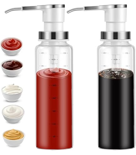 Set 2 Bottiglie Dispenser Olio E Salsa In Vetro 500ml - Con Pompa Per Olio D'Oliva, Ketchup, Miele E Condimenti