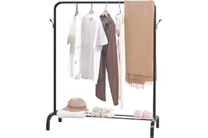 WEASHUME Clothes Hanging Rail with Shelf and Hooks Clothes Rack Clothing Rails for Bedroom Hanging Rails for Clothes Black