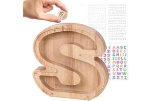 Wivico Wooden Letter Money Box|Reward Jar|Piggy Banks for Kids|Personalised Fillable Letters Clear Money Box|A-Z Letters Coin Bank for Christmas Birthday Gift/Keepsake|with Alphabet Stickers(S)