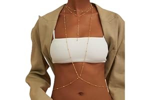 Atentuyi Bead Layered Body Chain Gold Y Necklace Beaded Bra Chain Bikini Wire Harness Body Accessories Summer Belly Waist Chain Boho Beach Tassel Body Jewelry for Women and Girls