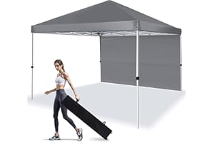 LANMOUNTAIN 10X10 FT Pop Up Canopy Tent w/1 Sidewall, Waterproof Gazebo and 99% UV Protection, 1 Wheel Bag, 4 Ropes, 8 Stakes, Instant Shelter for Outdoor Parties, Gardens, Commercial,Grey