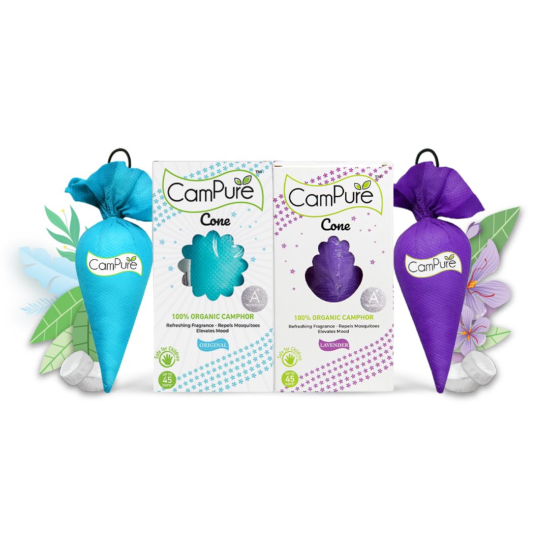 CamPure Camphor Cone (Original + Lavender) Pack Of 2 - Room, Car and Air Freshener & Mosquito Repellent