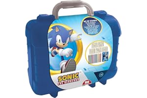 Multiprint Valigetta Travel Set Sonic, Made in Italy, Album da Colorare, con Puzzle e Matite, Set Timbrini Bimbi, in Legno e Gomma Naturale, Inchiostro Lavabile Atossico, Idea Regalo